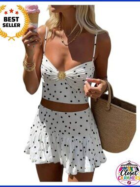 Women's 2 Piece Polka Dot Cami Crop Top & Mini Skirt Set Sleeveless